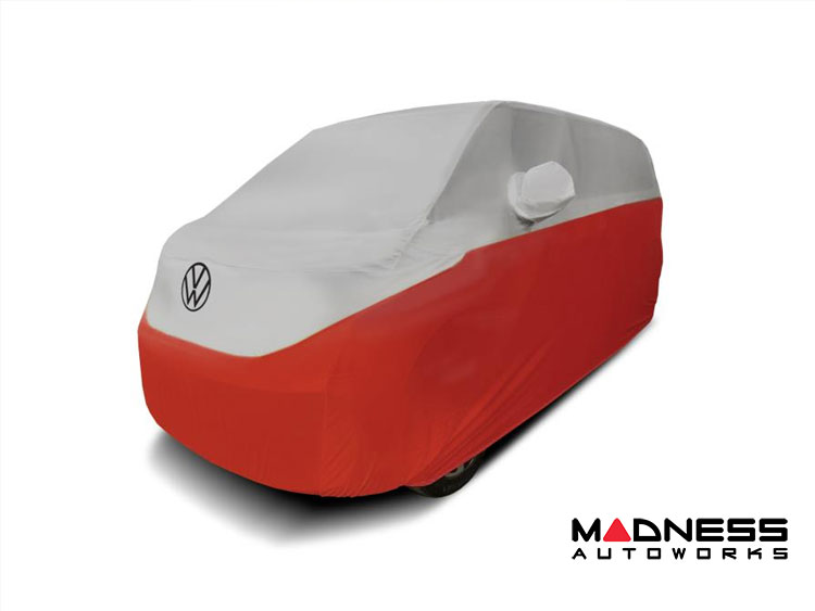 Volkswagen ID. Buzz Custom Fit Vehicle Cover - Satin Stretch - Metallic Gray And Ruby Red + Rear Passenger Charger Port Flap